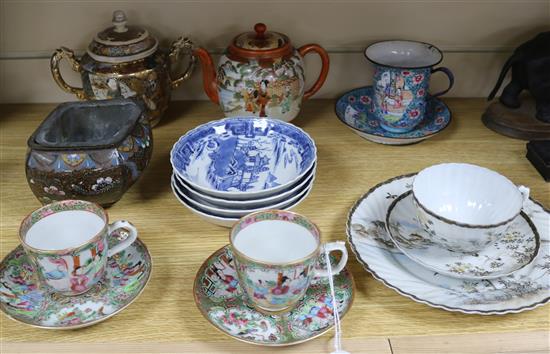 A Canton enamel cup and saucer, other Chinese porcelain and a Japanese cloisonne enamel pot